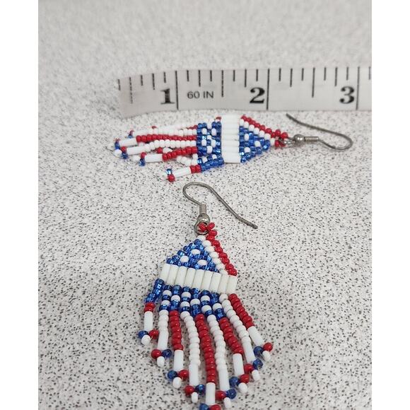 Hand Beaded American Flag Red White Blue Dangle Hook Earrings 3" Long - Picture 3 of 3